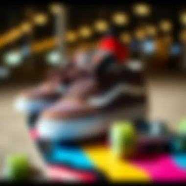 A stylish pair of skate shoes on a colorful skateboard deck