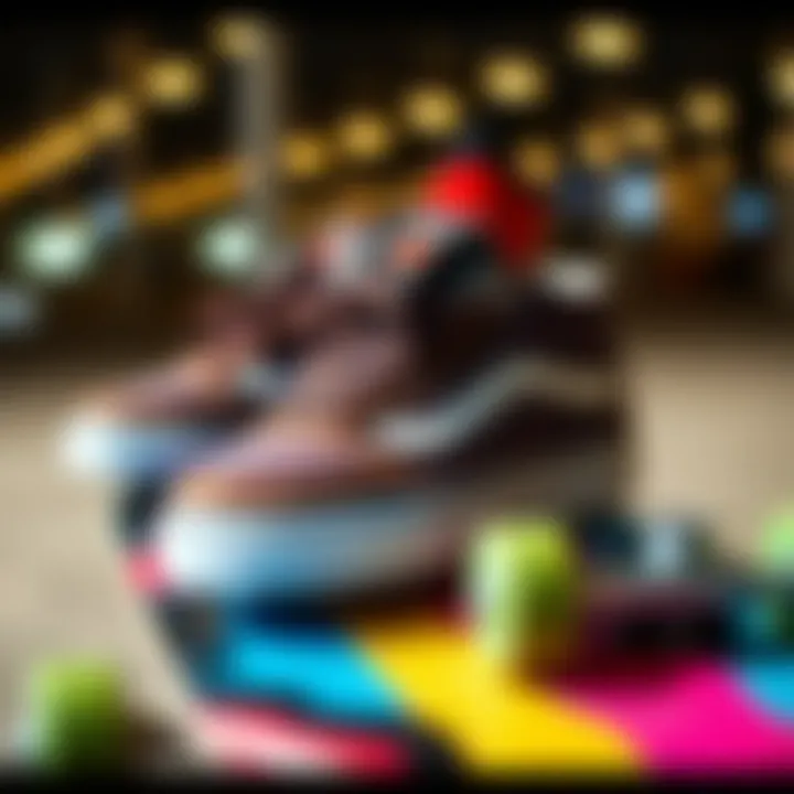 A stylish pair of skate shoes on a colorful skateboard deck