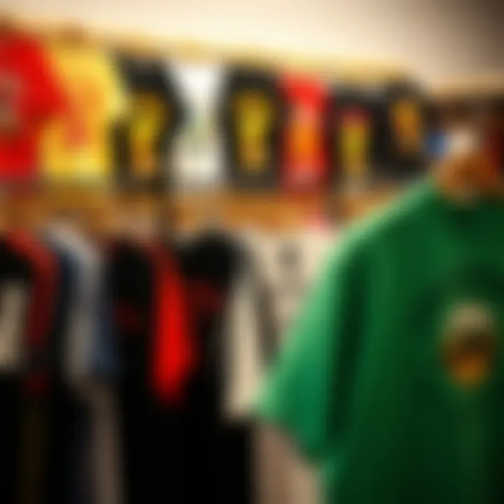 An array of skateboard shirts displayed in a retail environment, highlighting various styles and colors.