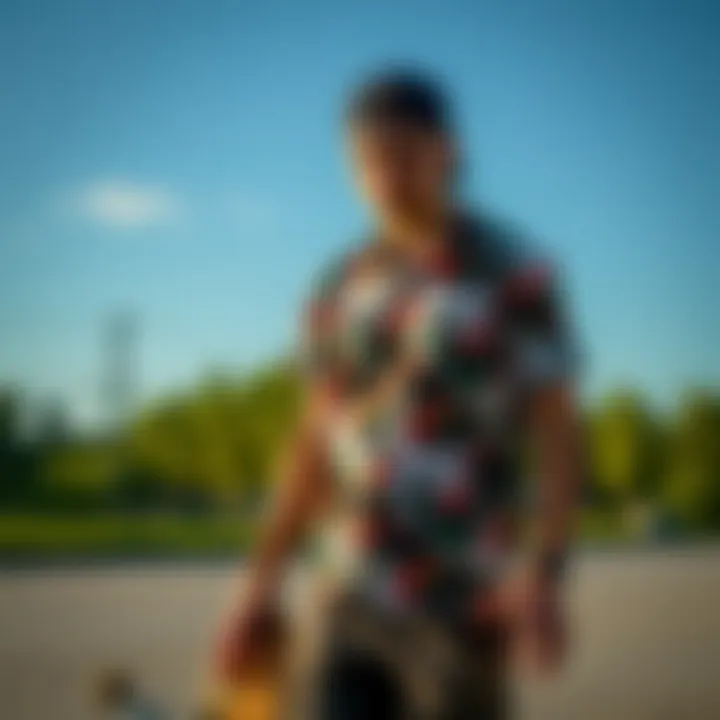 A skateboarder wearing a stylish shirt, capturing the essence of skate culture and self-expression.