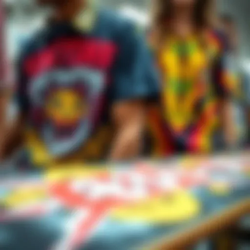 A close-up view of unique skateboard shirt designs showcasing vibrant graphics and patterns.
