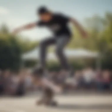 Performance and Style in Action Skateboarder performing tricks while wearing skater pants