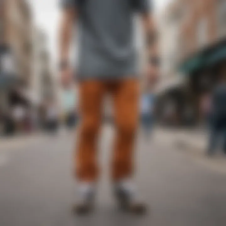 A variety of skater pants displayed in a street setting