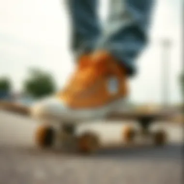 Tan Converse shoes on a skateboard