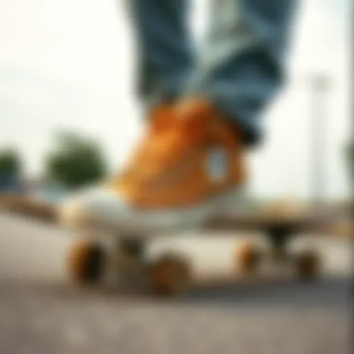 Tan Converse shoes on a skateboard