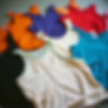 A creative flat lay showcasing various tank tops with side ruching in different colors