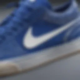A close-up view of royal blue and white Nike skate shoes showcasing intricate design elements