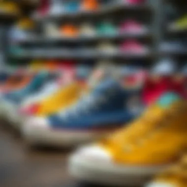 A collection of different color options for size thirteen Chuck Taylors on display