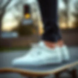 Stylish white perforated leather Vans on a skateboard