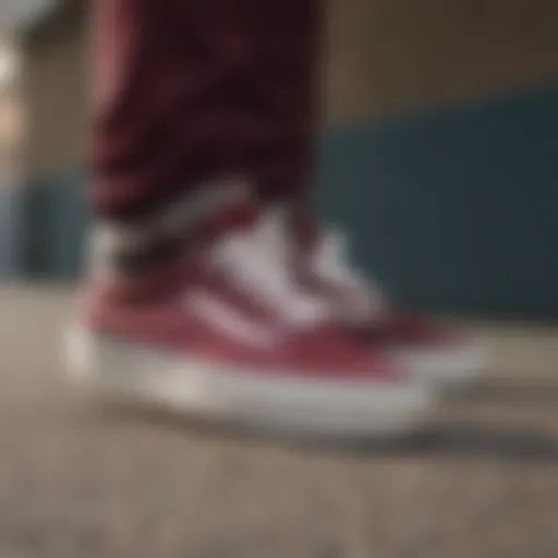 Close-up of maroon Vans showcasing unique design elements