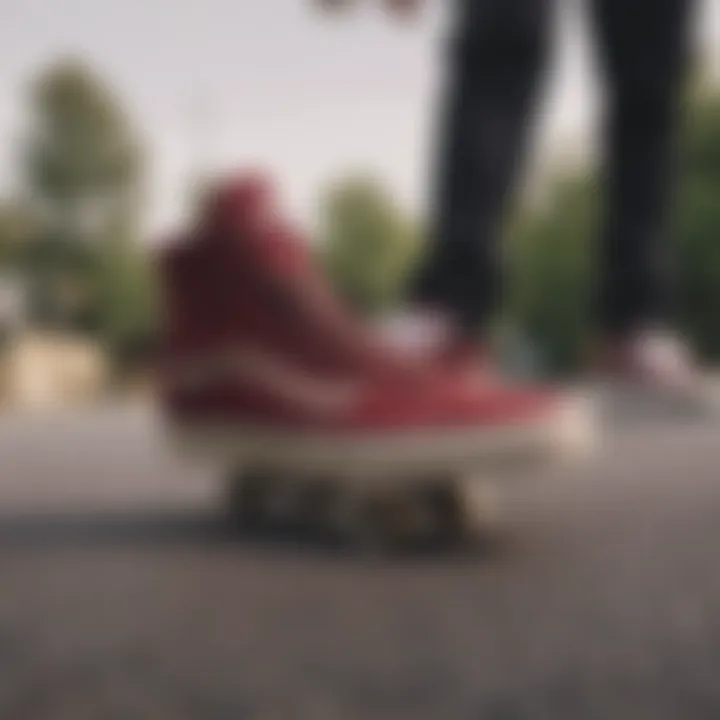 Skater performing tricks while wearing maroon Vans