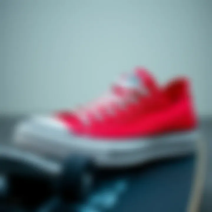 A close-up shot of red Converse shoes on a skateboard deck