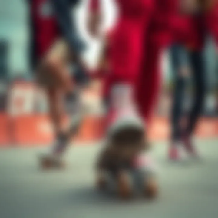 A group of skaters wearing red Converse in an urban setting