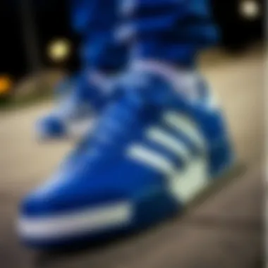 Close-up of royal blue Adidas sneakers showcasing design details