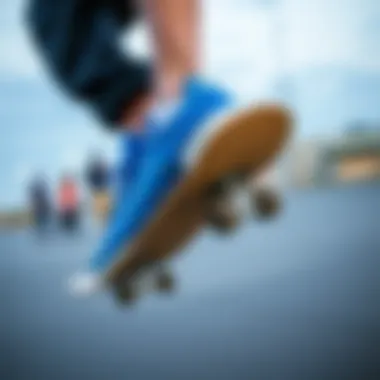 Skater performing tricks while wearing royal blue Adidas sneakers