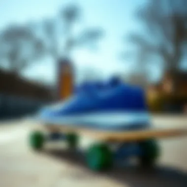 Stylish royal blue Adidas sneakers displayed on a skateboard