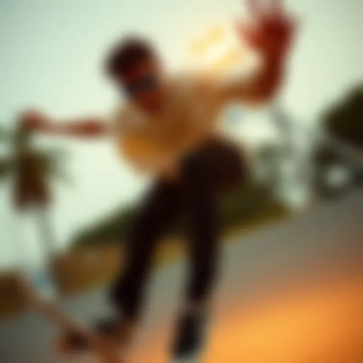 Skateboarder wearing blue tint sunglasses performing a trick