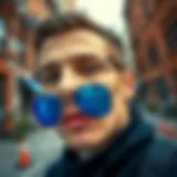 Urban Style with Ray-Ban Blue Tint Sunglasses Ray-Ban blue tint sunglasses against a vibrant urban backdrop