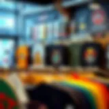 Vibrant graphic tees displayed in a trendy skate shop.