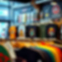 Vibrant graphic tees displayed in a trendy skate shop.