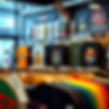 Vibrant graphic tees displayed in a trendy skate shop.
