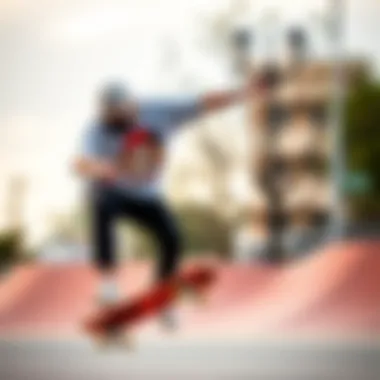 A skateboarder wearing a unique graphic tee while performing tricks.
