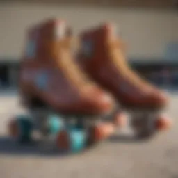 A pair of vintage roller skates with intricate leather detailing and colorful wheels