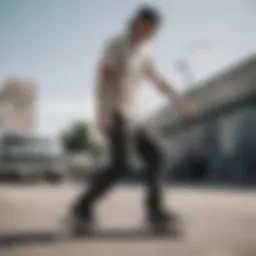 Skateboarder showcasing Vans plaid pants in an urban environment