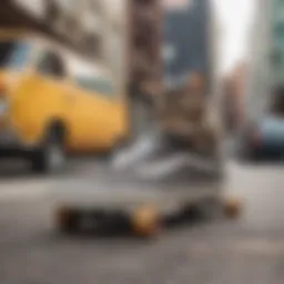 A stylish pair of Vans sneakers against a backdrop of a city street, accompanied by a curious cat exploring its surroundings.