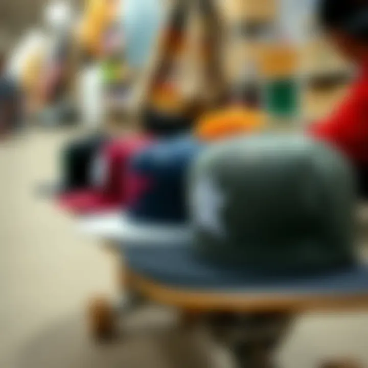 Showcasing Fitted Hats in Skate Culture Fitted hats displayed on a skateboard