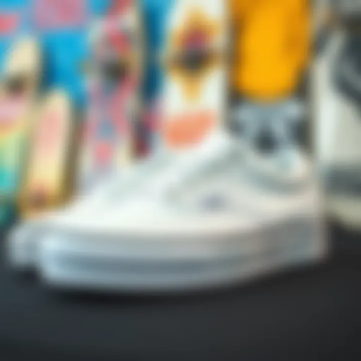 Stylish white vans against a vibrant skateboard backdrop