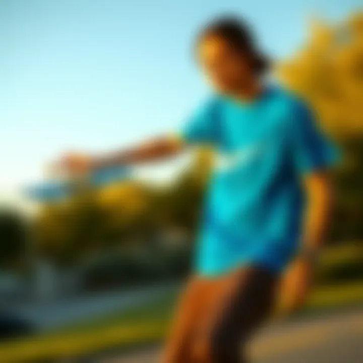 Skateboarder wearing the Nike blue t-shirt in action