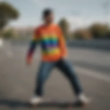 Rainbow Long Sleeve Top in Skate Culture Skateboarder wearing the rainbow long sleeve top in action