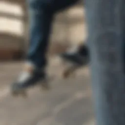 A close-up of skinny denim fabric showcasing its texture and stretchability