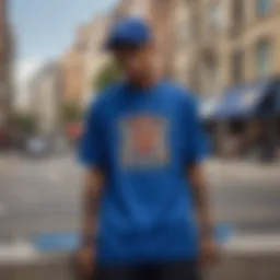 A vibrant royal blue tee displayed against an urban backdrop