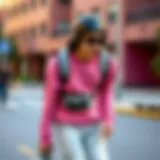 A stylish pink sweatshirt paired with skateboarding gear, showcasing vibrant street style.