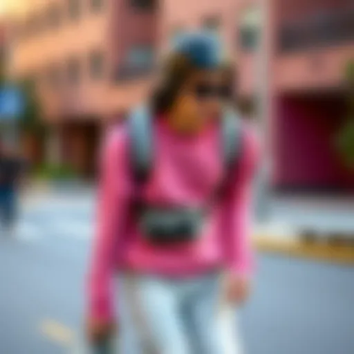 Street Style: Pink Sweatshirt in Action A stylish pink sweatshirt paired with skateboarding gear, showcasing vibrant street style.