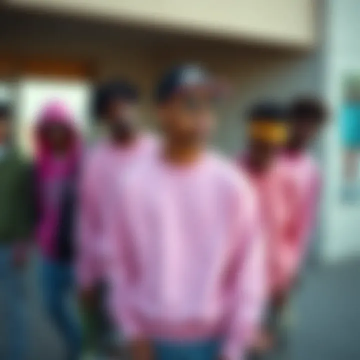 A group of skaters wearing pink sweatshirts, representing diverse identities within the culture.