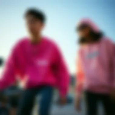 A fashion-forward skateboarding scene with vibrant colors, where pink is a focal point.