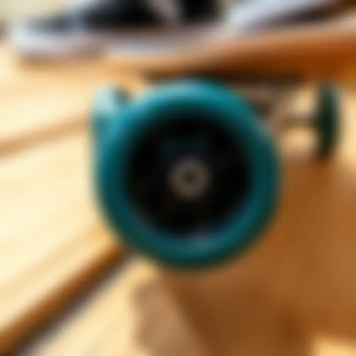 Close-up of mini skateboard wheels and deck