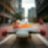 Vans shoes on a skateboard in an urban setting