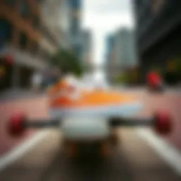 Vans shoes on a skateboard in an urban setting