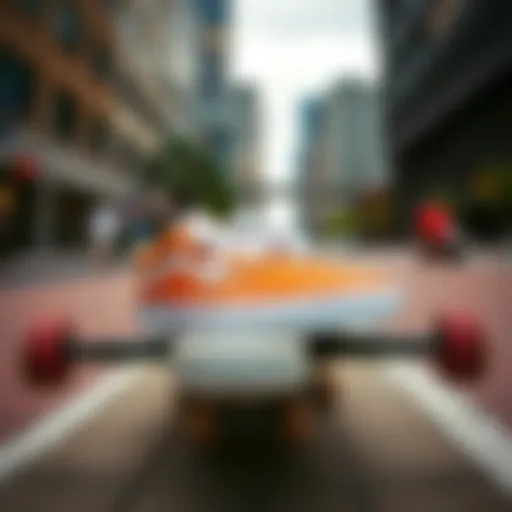 Vans shoes on a skateboard in an urban setting