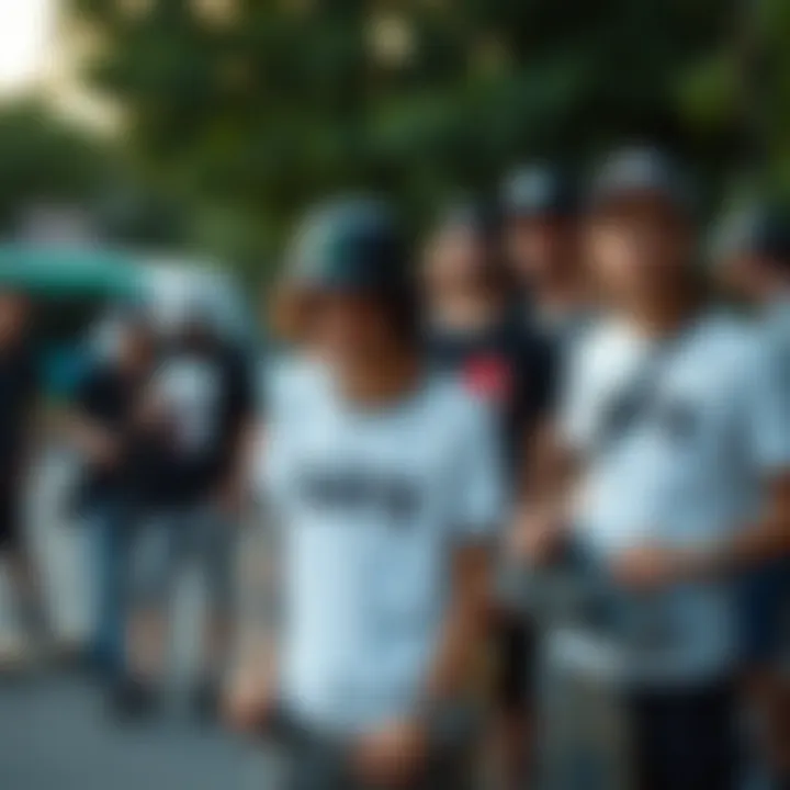 Skaters hanging out, showcasing their t-shirt styles