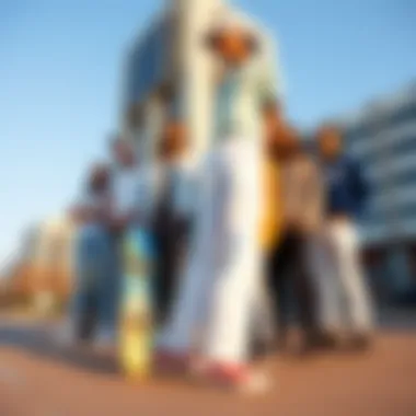 Unity in the Skateboarding Culture A group of skaters gathered, all wearing white Dickies slim-fit pants, in an urban setting