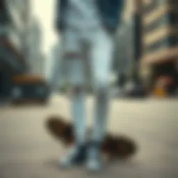 Stylish white ripped jeans showcased against an urban backdrop