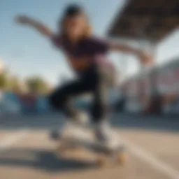 A stylish female skateboarder performing tricks in vibrant skate apparel.