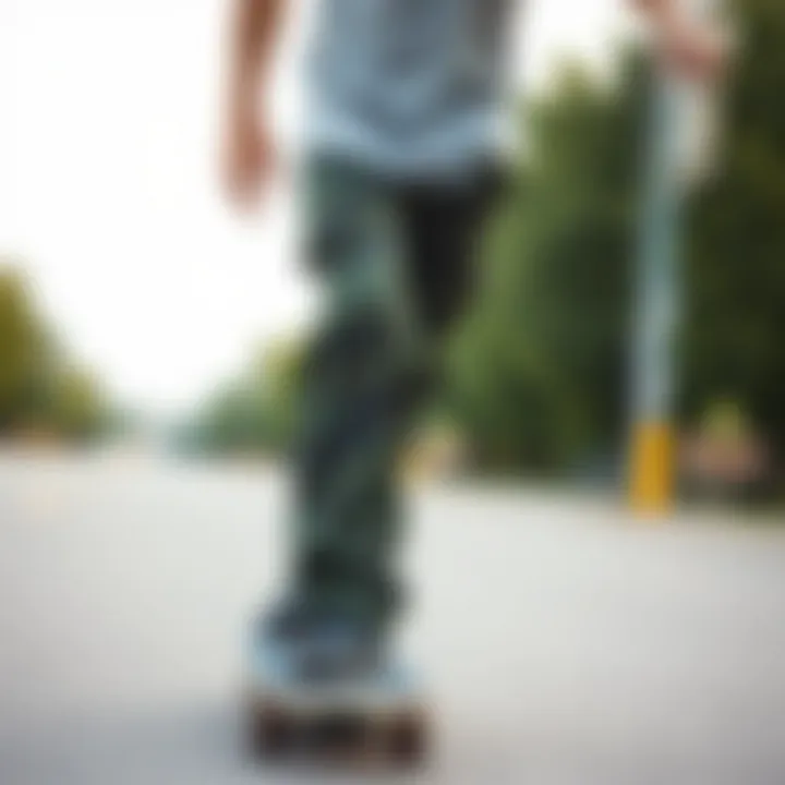 Skateboarding in Woodland Camo Cargo Pants Skateboarder wearing woodland camo cargo pants during an outdoor session