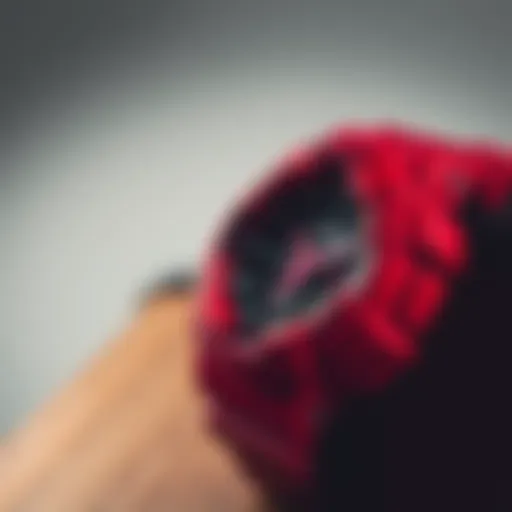 Close-up of G-Shock GA 2100 Red watch showcasing its intricate design