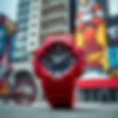 G-Shock GA 2100 Red in Urban Setting Stylish display of G-Shock GA 2100 Red against a vibrant urban backdrop